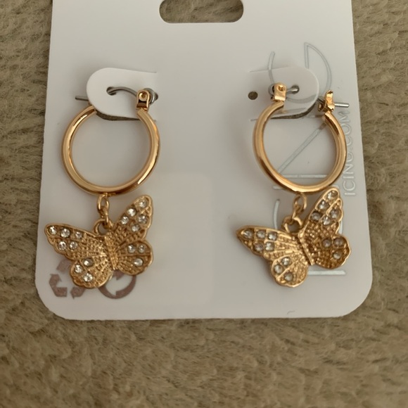 Butterfly gold small hoop earrings - white diamonds on wings - Picture 2 of 2